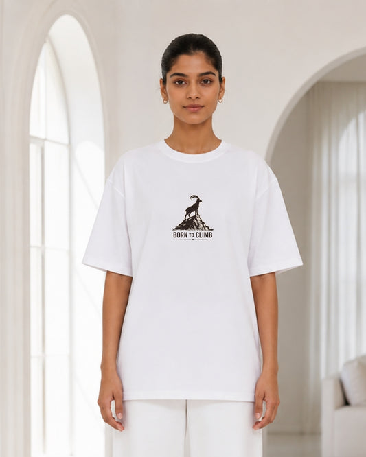 Women's Oversized White Born To Climb Graphic T-Shirt – Adventure Mountain Goat Casual Tee