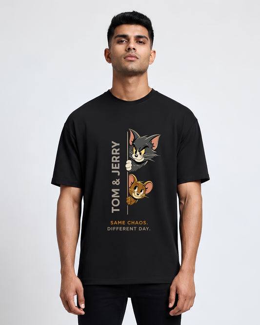 Stichix Tom & Jerry Graphic Oversized Black T-Shirt | Same Chaos Different Day Cartoon Tee