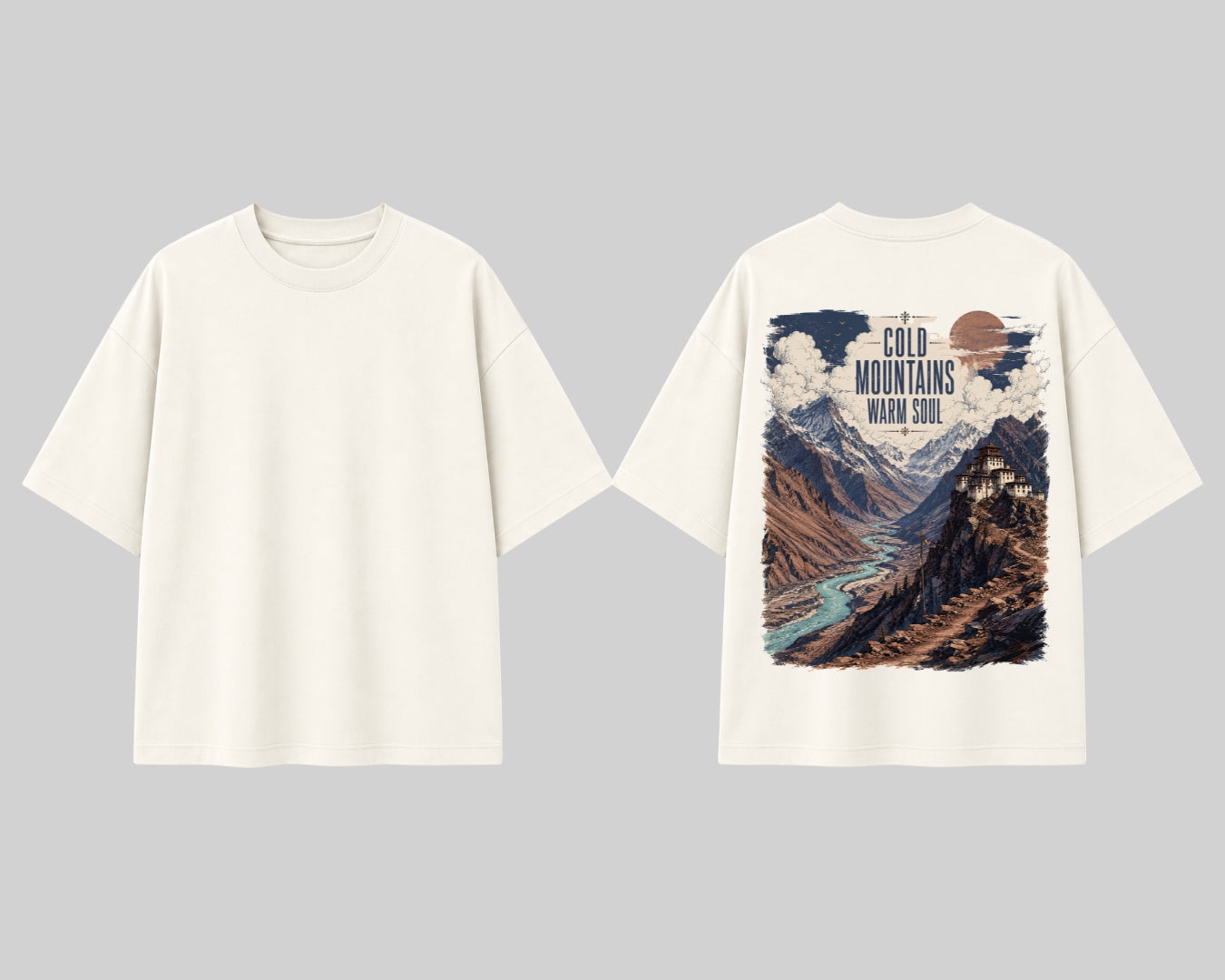Cold Mountains Warm Soul Oversized Graphic T-Shirt for Women | Nature Landscape Back Print Travel Tee