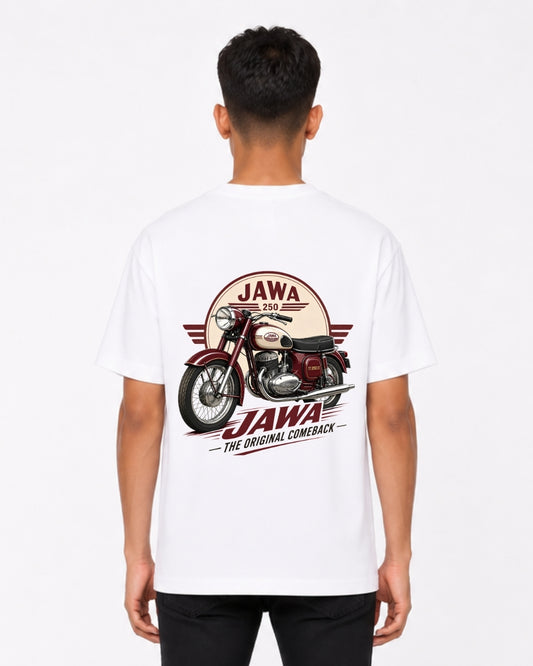Vintage Jawa 250 Motorcycle Oversized T-Shirt for Men | Retro Bike Graphic Back Print Cotton Tee | White Streetwear T-Shirt
