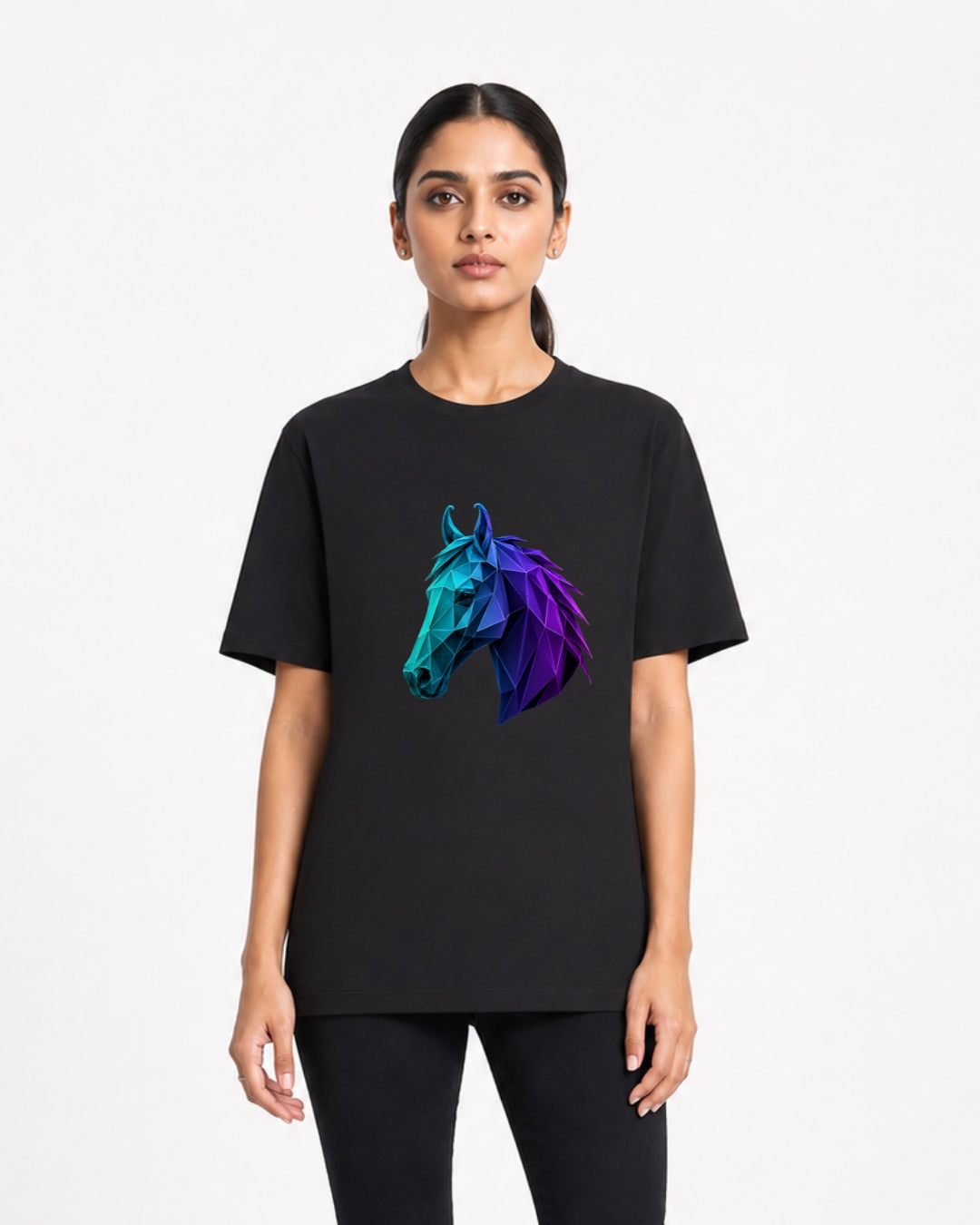 Geometric Neon Horse Graphic Oversized Black T-Shirt for Women | Modern Polygon Art Casual Tee
