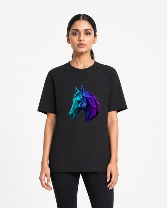 Geometric Neon Horse Graphic Oversized Black T-Shirt for Women | Modern Polygon Art Casual Tee