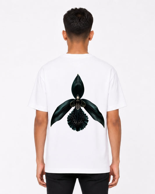 Dark Orchid Floral Oversized T-Shirt for Men | Botanical Back Print Cotton Tee | Aesthetic White Streetwear T-Shirt