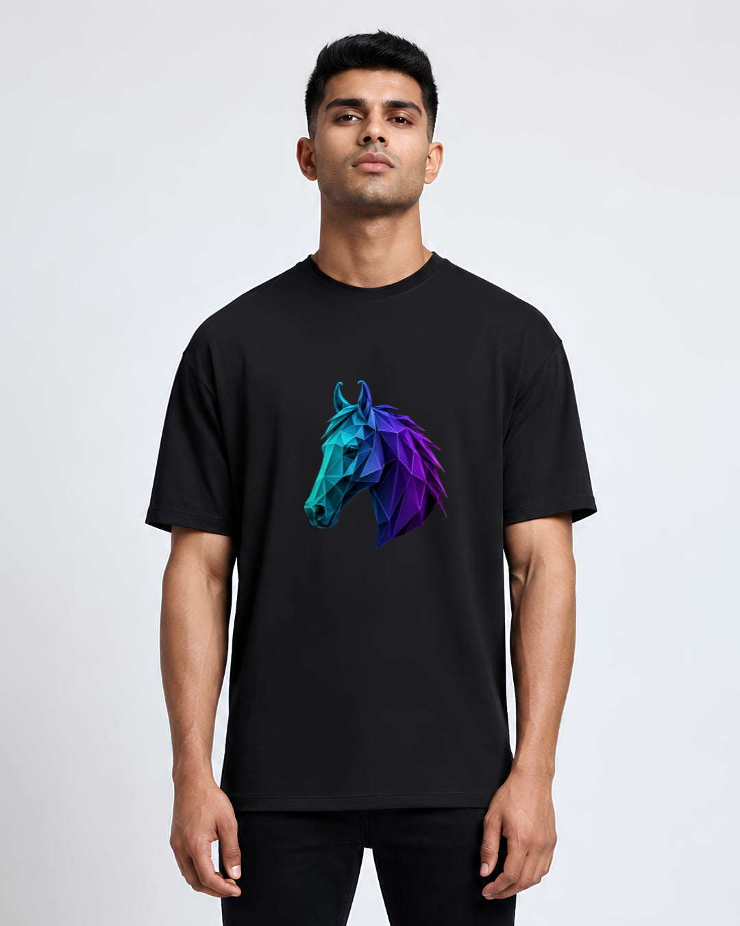 Stichix Neon Polygon Horse Oversized Black T-Shirt | Geometric Horse Graphic Streetwear Tee