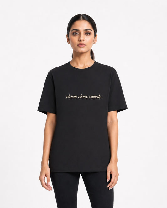 Charm. Chaos. Comedy. Oversized Black Graphic T-Shirt for Women | Minimalist Quote Tee