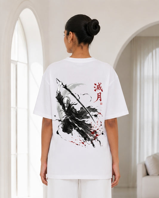 Women's Oversized White Anime Samurai Back Print T-Shirt – Japanese Manga Graphic Streetwear Tee