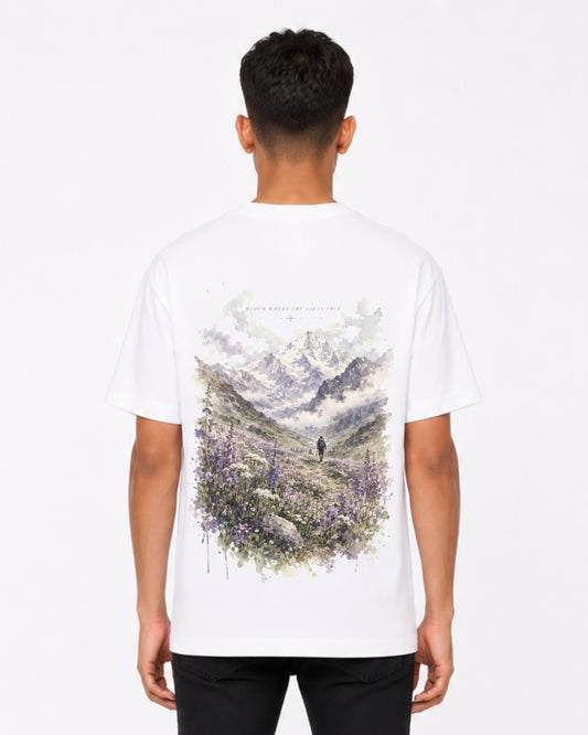Mountain Meadow Adventure Oversized T-Shirt for Men | Nature Landscape Back Print Cotton Tee | White Aesthetic Streetwear