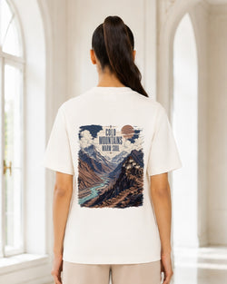 Cold Mountains Warm Soul Oversized Graphic T-Shirt for Women | Nature Landscape Back Print Travel Tee
