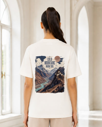 Cold Mountains Warm Soul Oversized Graphic T-Shirt for Women | Nature Landscape Back Print Travel Tee