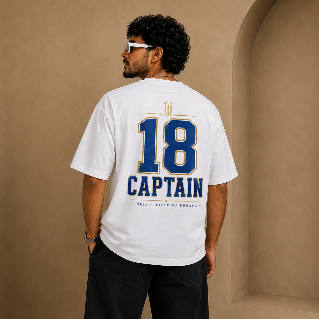 Captain 18 Oversized Cricket Tee — Virat Kohli India Field of Dreams Graphic T-Shirt | 240 GSM French Terry