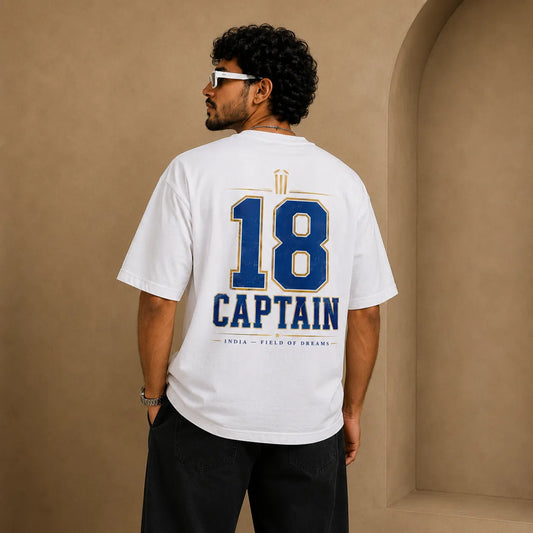 Captain 18 Oversized Cricket Tee — Virat Kohli India Field of Dreams Graphic T-Shirt | 240 GSM French Terry