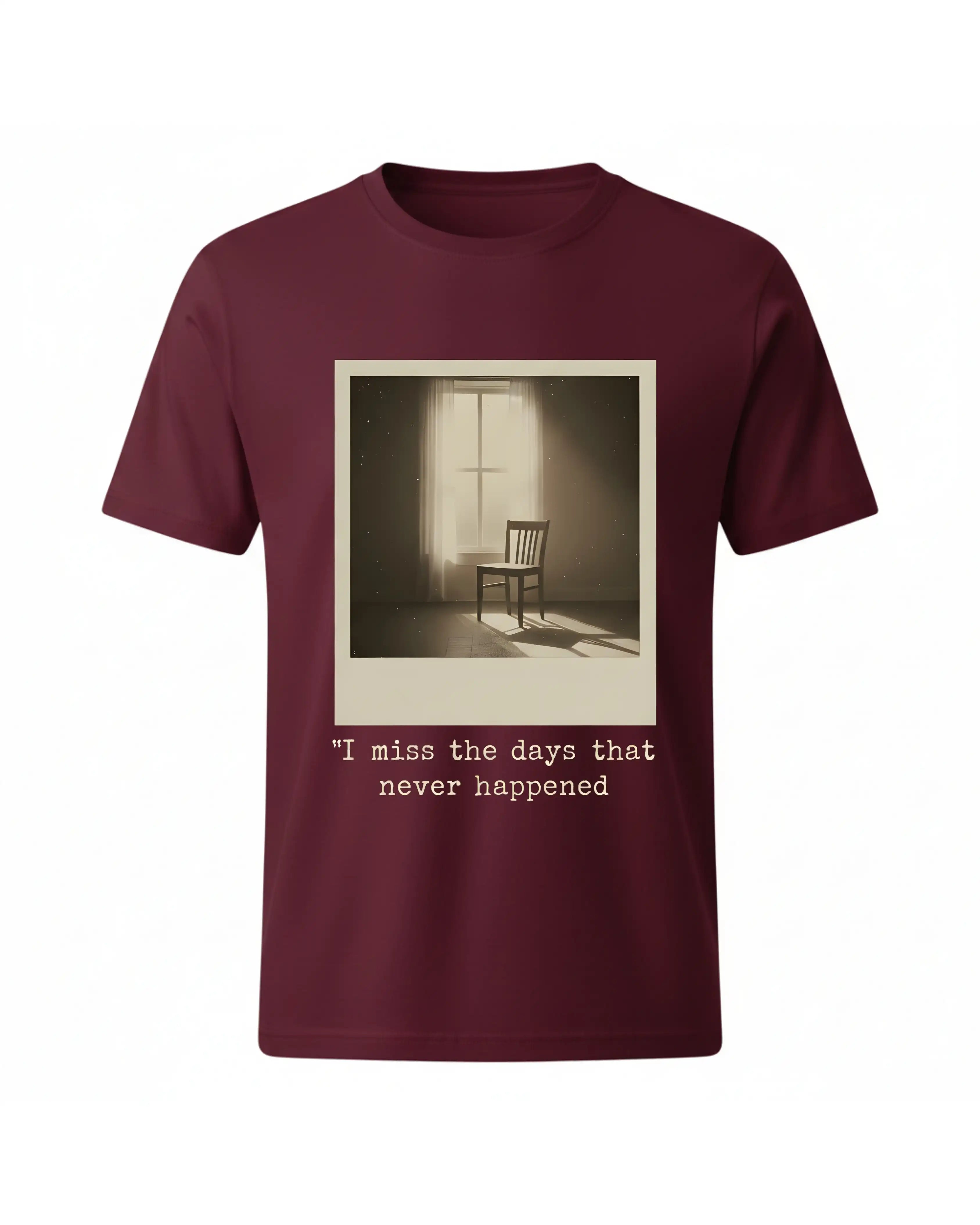 Maroon t-shirt with a graphic of a chair in a room and text on a white background