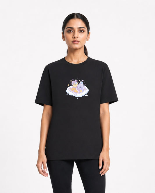 Stichix Dreamy Café Aesthetic Oversized Black T-Shirt | Cute Pastel Camera Graphic Tee for Women