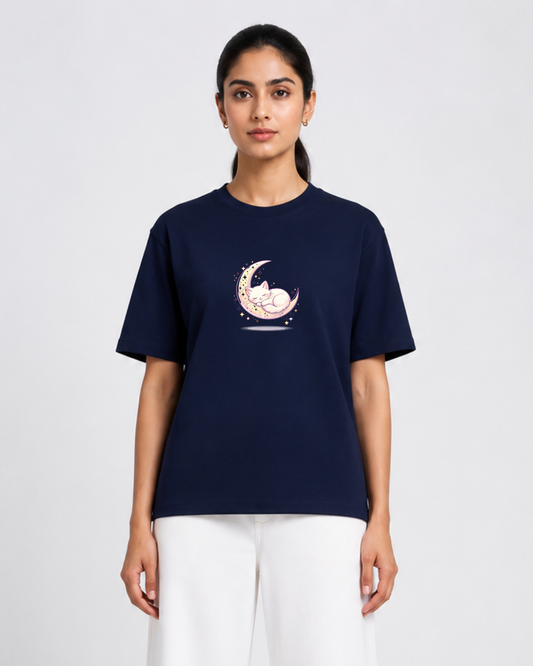 Sleeping Cat on Moon Graphic Oversized Navy Blue T-Shirt for Women | Cute Kawaii Aesthetic Tee
