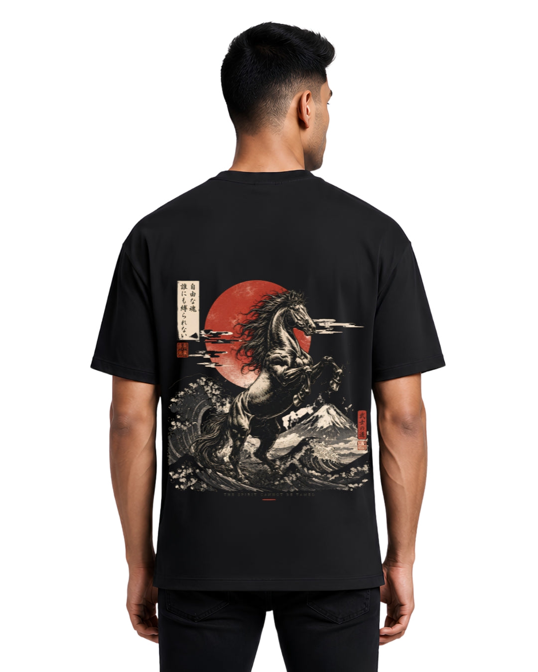 Stichix Samurai Spirit Horse Oversized Black T-Shirt | Japanese Art Back Print Streetwear Tee