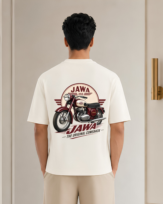 Jawa 250 Vintage Motorcycle Oversized Graphic T-Shirt | Retro Bike Enthusiast Back Print | Unisex Biker Streetwear Tee