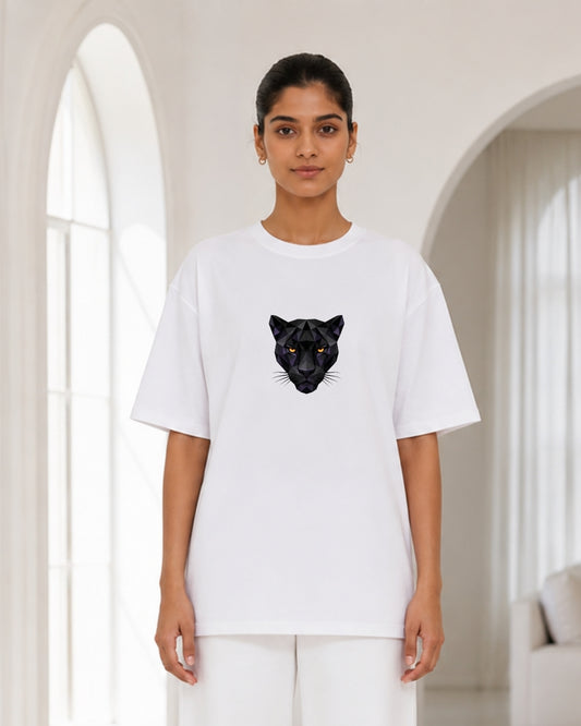 Women's Oversized White Geometric Black Panther Graphic T-Shirt – Minimal Wildlife Streetwear Tee