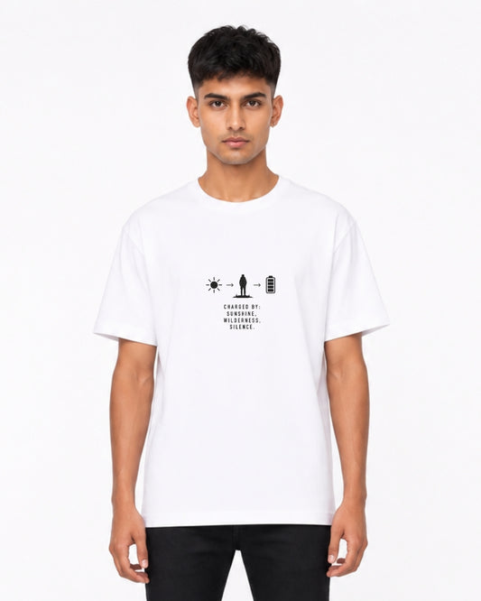 Charged by Sunshine Wilderness Silence Oversized T-Shirt for Men | Minimalist Adventure Graphic Cotton Tee | White Streetwear T-Shirt
