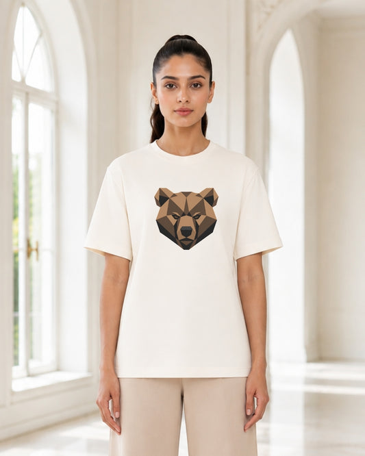 Geometric Bear Graphic T-Shirt for Women | Minimalist Polygon Animal Print Oversized Casual Tee