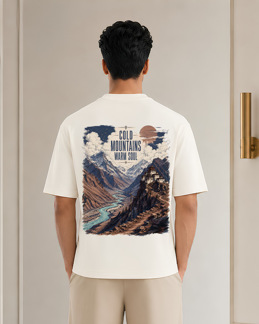 Cold Mountains Warm Soul Oversized Graphic T-Shirt | Scenic Mountain Landscape Back Print | Adventure Unisex Travel Tee