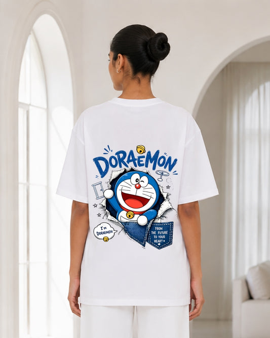 Women's Oversized White Doraemon Anime Back Print T-Shirt – Cartoon Graphic Streetwear Tee