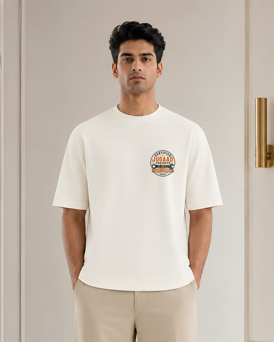 Certified Jugaad Engineer Oversized Graphic T-Shirt | Funny Indian Humor Back Print | Unisex Streetwear Tee