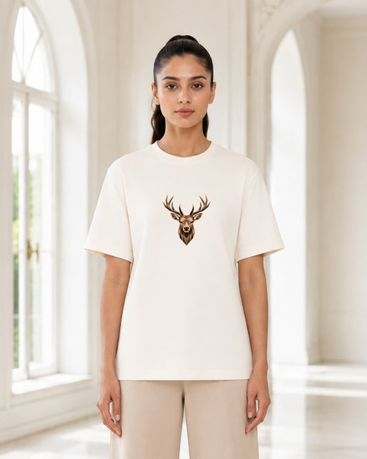 Geometric Deer Graphic T-Shirt for Women | Minimalist Stag Head Print Oversized Casual Tee