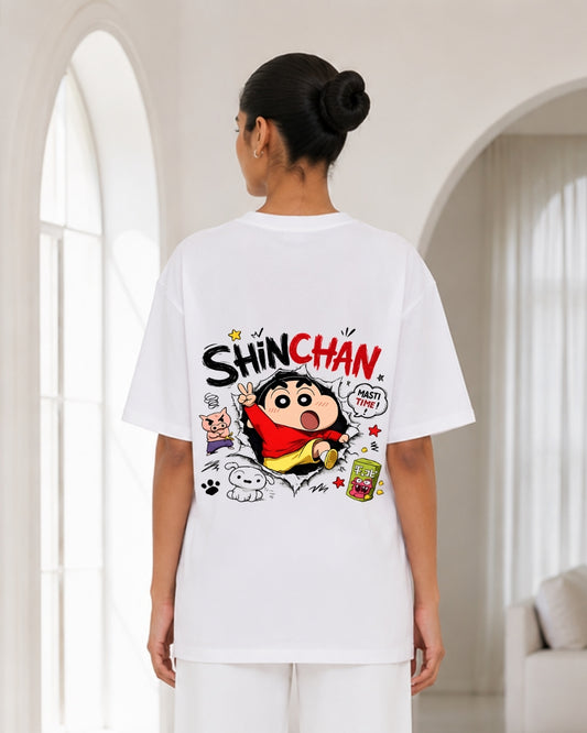 Women's Oversized White Cartoon Character Back Print T-Shirt – Fun Anime Style Graphic Tee