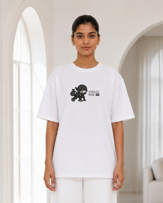 Women's Oversized White Stealth Mode ON Ninja Graphic T-Shirt – Cute Gamer Streetwear Tee