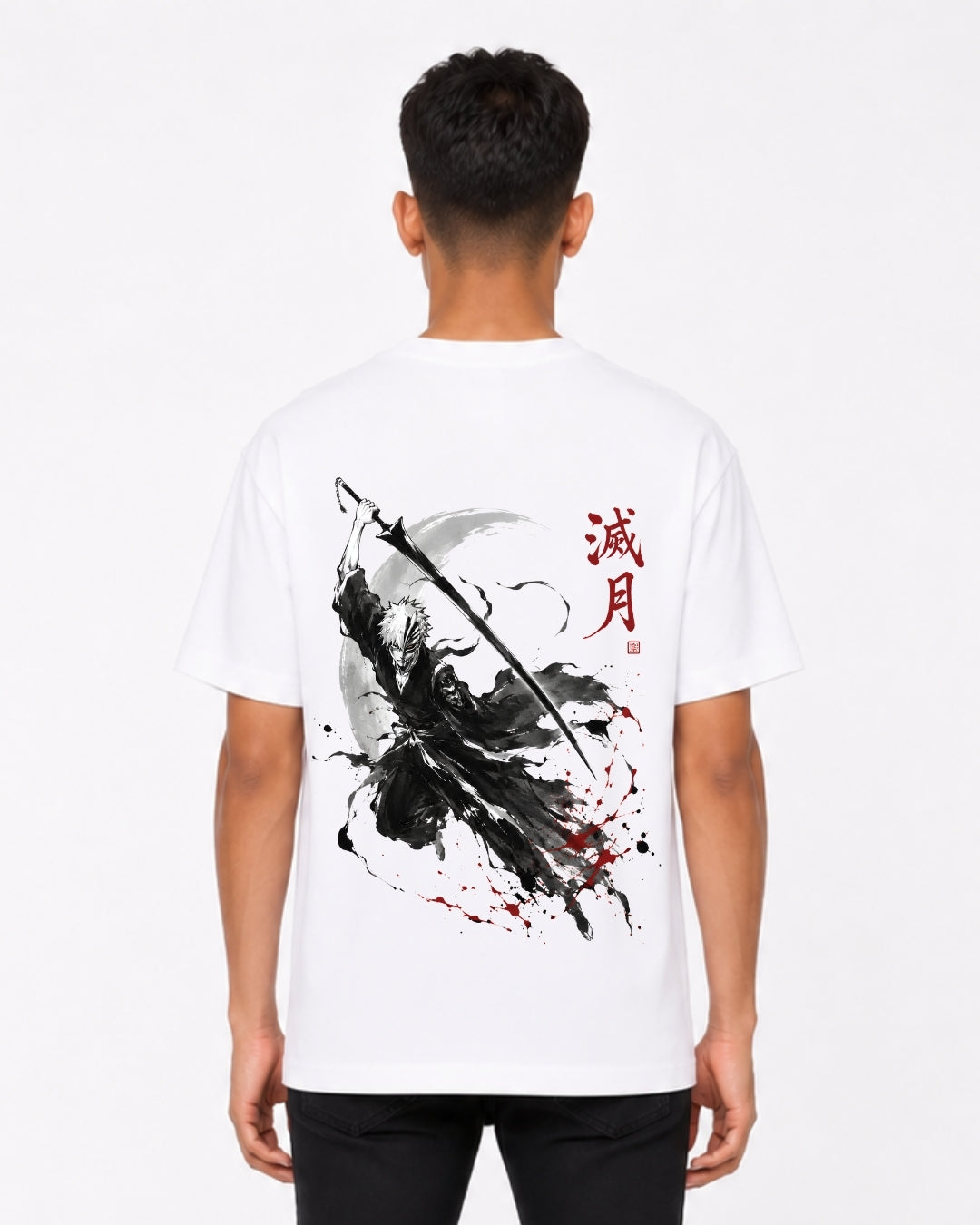 Anime Samurai Warrior Oversized T-Shirt for Men | Japanese Manga Back Print Cotton Tee | White Streetwear Graphic T-Shirt