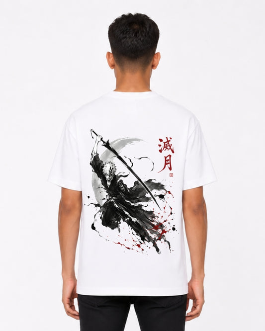 Anime Samurai Warrior Oversized T-Shirt for Men | Japanese Manga Back Print Cotton Tee | White Streetwear Graphic T-Shirt
