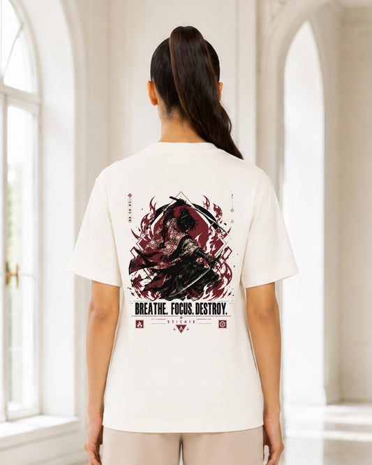 Breathe Focus Destroy Samurai Graphic T-Shirt for Women | Japanese Warrior Anime Back Print Oversized Tee