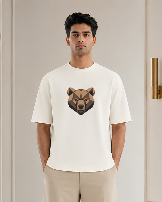 Geometric Bear Graphic Oversized T-Shirt | Minimalist Polygon Animal Print Tee | Unisex Modern Streetwear
