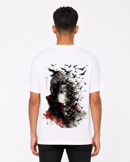 Anime Ninja Crow Art Oversized T-Shirt for Men | Manga Back Print Graphic Tee | White Streetwear T-Shirt  Product Description: