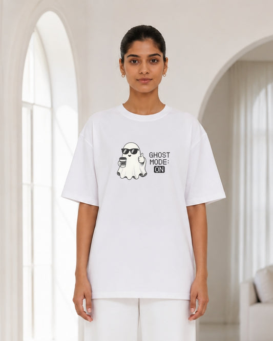 Women's Oversized White Ghost Mode On Graphic T-Shirt – Funny Introvert Cartoon Tee
