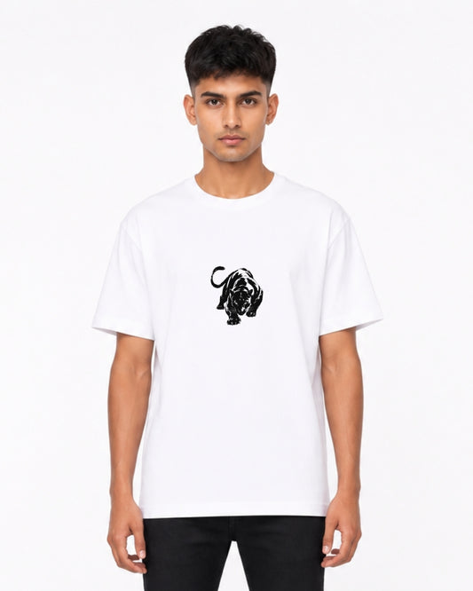 Black Panther Graphic Oversized T-Shirt for Men | Minimalist Wild Cat Print Cotton Tee | White Streetwear T-Shirt