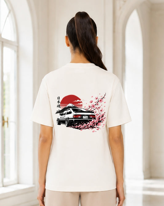 Japanese Drift Car Graphic T-Shirt for Women | JDM Sakura & Mount Fuji Oversized Streetwear Tee