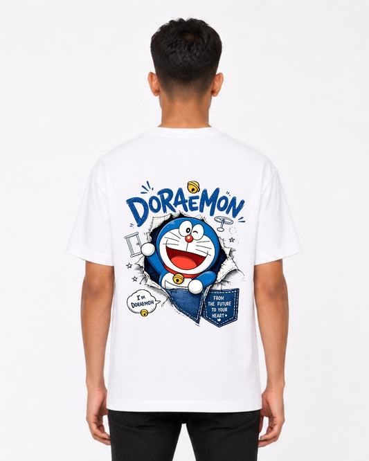Doraemon Cartoon Oversized T-Shirt for Men | Anime Character Back Print Cotton Tee | White Casual Streetwear T-Shirt