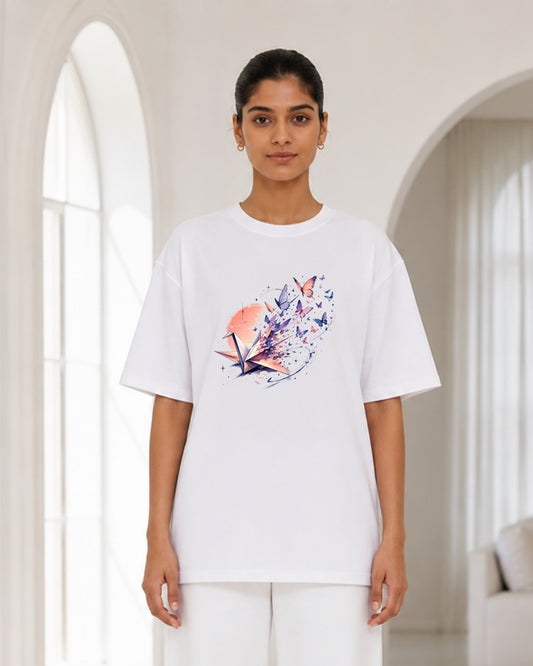 Women's Oversized White Abstract Butterfly Crystal Graphic T-Shirt – Aesthetic Art Print Tee