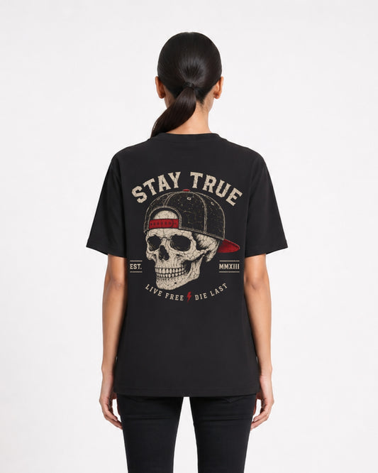 Stay True Skull Graphic Oversized Black T-Shirt for Women | Vintage Streetwear Skull Print Tee