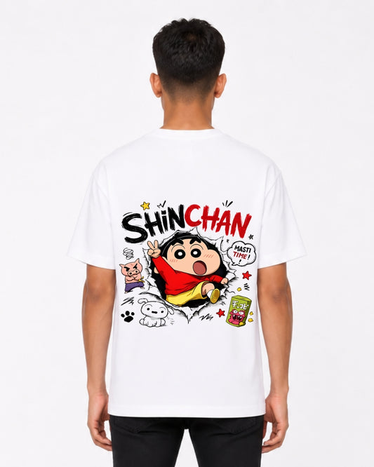 Shinchan Cartoon Oversized T-Shirt for Men | Fun Anime Back Print Cotton Tee | White Casual Streetwear T-Shirt