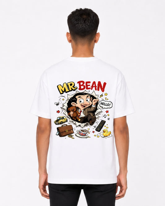 Mr. Bean Cartoon Oversized T-Shirt for Men | Funny Character Back Print Cotton Tee | White Casual Streetwear T-Shirt