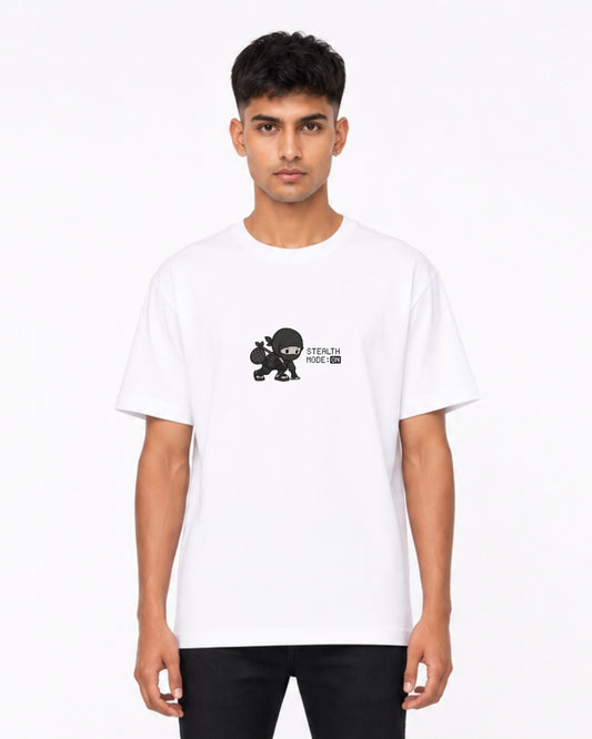 Stealth Mode ON Ninja Graphic Oversized T-Shirt for Men | Funny Minimalist Cartoon Print Cotton Tee | White Casual Streetwear