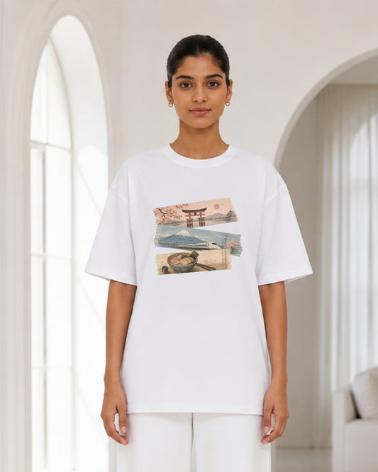 Women's Oversized White Japan Travel Collage Graphic T-Shirt – Mount Fuji & Ramen Aesthetic Tee