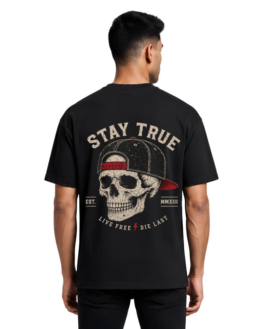 Stichix Stay True Skull Oversized Black T-Shirt | Vintage Rebel Back Print Streetwear Tee