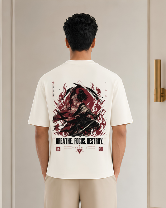 Breathe Focus Destroy Samurai Oversized T-Shirt | Japanese Warrior Anime Graphic Back Print | Unisex Streetwear Tee