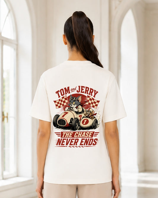 Vintage Racing Cartoon Graphic T-Shirt for Women | The Chase Never Ends Oversized Retro Tee