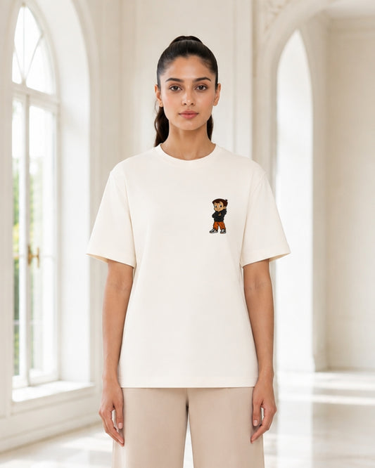 Cute Cartoon Boy Graphic T-Shirt for Women | Minimalist Character Print Oversized Casual Tee