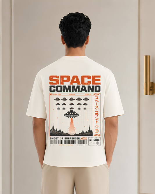 Space Command Retro Gaming Oversized T-Shirt | Vintage Arcade Alien Invasion Back Print | Unisex Sci-Fi Streetwear Tee