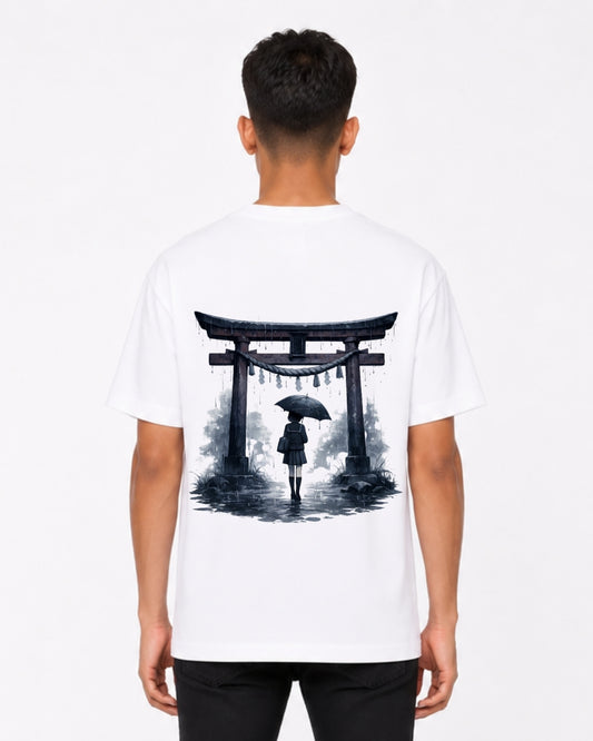 Japanese Torii Gate Aesthetic Oversized T-Shirt for Men | Anime Inspired Back Print Graphic Tee | White Streetwear Cotton T-Shirt